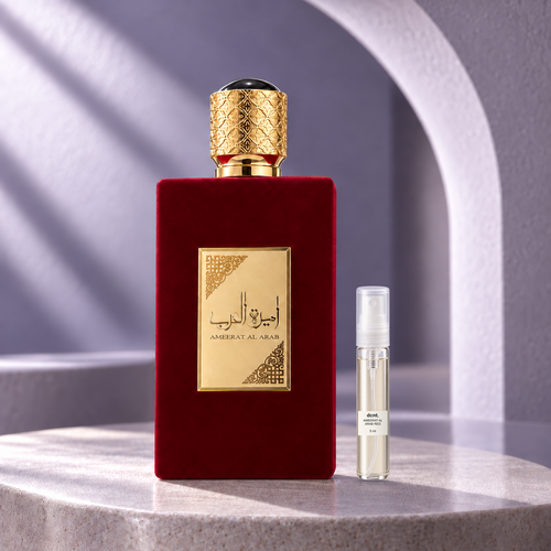 Ameerat Al Arab Red original perfume bottle beside a filled 5 ml dcnt.ph glass decant