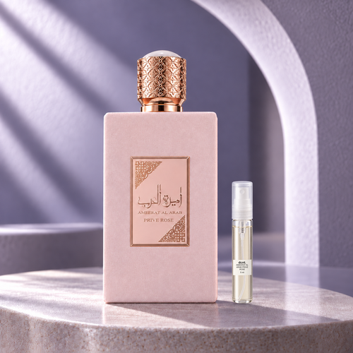 Ameerat Al Arab Privé Rose original perfume bottle beside a filled 5 ml dcnt.ph glass decant